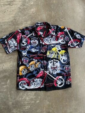 Orange County Choppers Black Motorcycle Print Short-Sleeve Button-Down Shirt